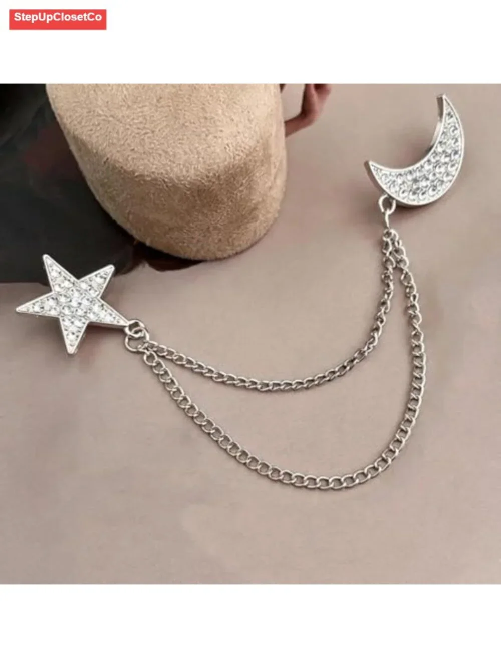 Gold Tassel Chain Brooch Double Pin Star Moon Crystal Rhinestone Suit Coat